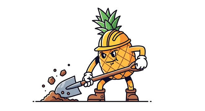 Cartoon lumberjack chopping tree stump with axe.