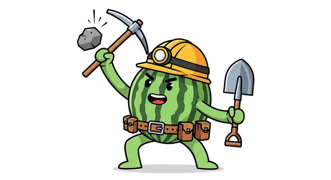 Cartoon lumberjack cutting down tree with axe.