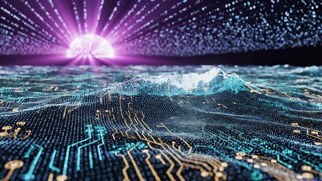Abstract Digital Landscape with Glowing Network and Futuristic Sunrise.