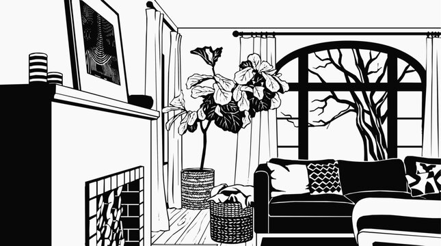 Minimalist interior living room illustration featuring a cozy sofa, stone fireplace, and potted fiddle leaf fig plant near an arched window view