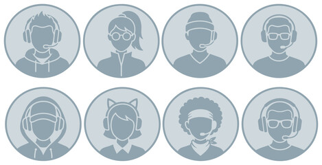 Set of diverse gamer and support agent profile icons in flat style. © Riki