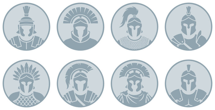 Set of eight circular icons featuring ancient Roman and Greek warrior helmet designs.