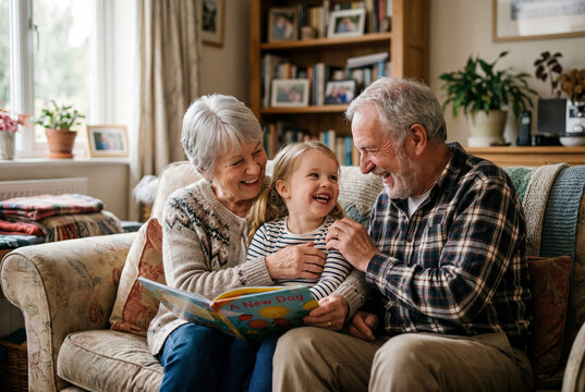 Smiling senior couple reading with baby on sofa