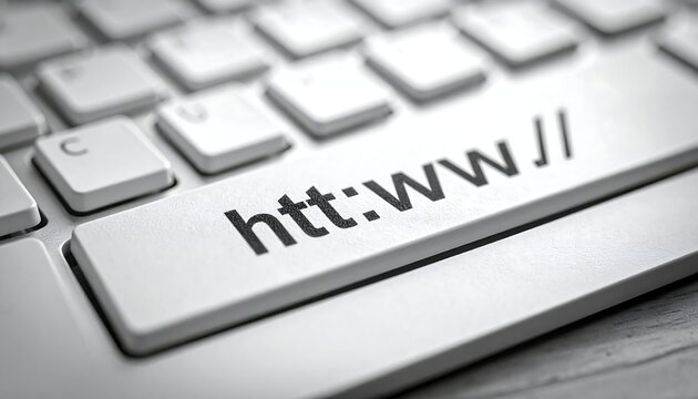 A close-up of a keyboard with a highlighted key featuring a URL prefix on a wooden surface