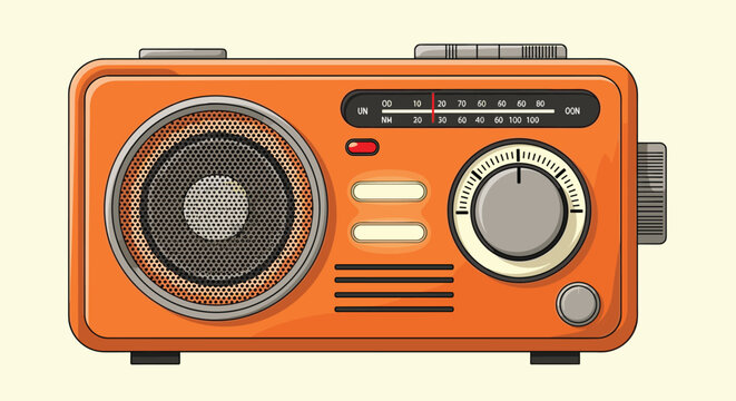 Classic retro orange radio with a large speaker and tuning dials isolated against a soft yellow background for vintage style.