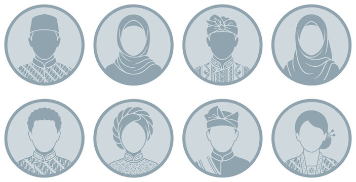 Set of diverse Indonesian traditional clothing avatars representing different cultural backgrounds and ethnic groups.