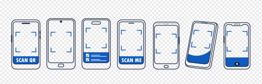 Outlined qr code phone icon design pack with minimal frame view for scan me interface. Clean scan me frame icons enhance usability and visual clarity.
