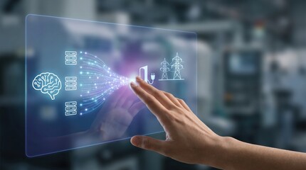 Fototapeta premium AI infrastructure buildout - A hand interrupts an AI-powered data flow at a power grid bottleneck, emphasizing control and minimalism in a clean, modern interface.