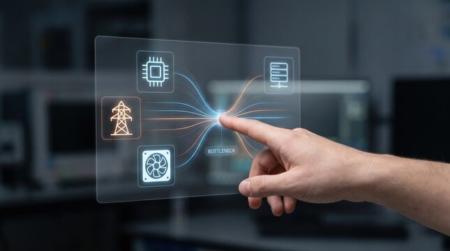 AI infrastructure buildout - A hand touches a central technology bottleneck where chip, power, cooling, and data center elements converge on a clean, minimal interface.