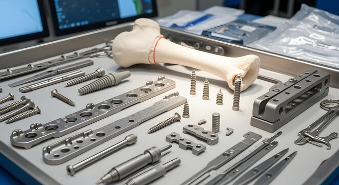 Macro veterinary orthopedic surgical preparation scene displaying a collection of titanium implants bone fixation plates and precise stainless steel screws