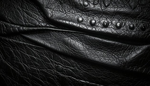 A close-up of a dark, wrinkled leather surface with metal rivets