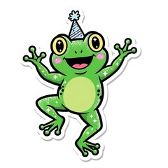 Obraz premium Cartoon green frog character jumping happily.