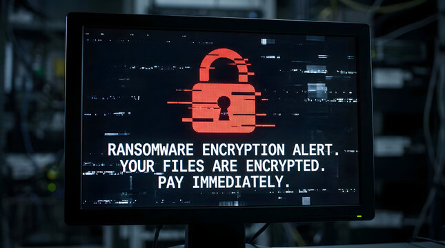 Ransomware alert on computer screen in dark room displays encrypted files warning