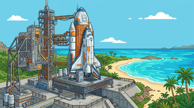 Cartoon vector illustration of giant futuristic spaceship standing on a coastal launch pad overlooking a tropical beach