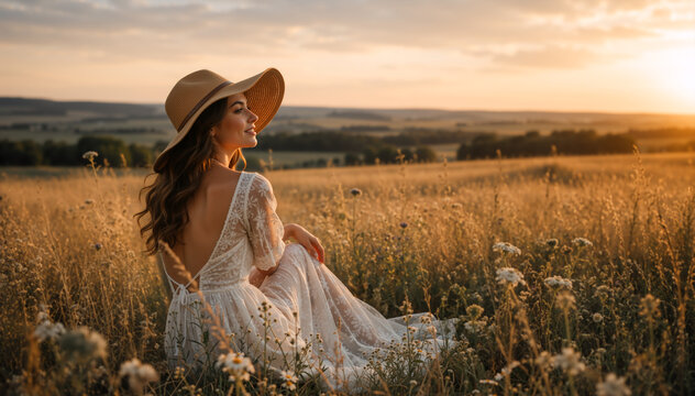Woman in white lace backless dress and straw hat sitting in a grassy meadow. Female model relaxing in a field of wildflowers at sunset during golden hour