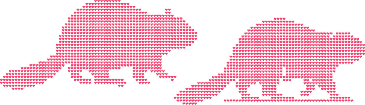 Two beavers made from small heart shapes on white