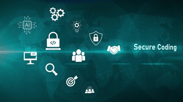 Cyber Developer Secure Coding Interface on Digital Screen, auditing source scripts. Implementing defensive programming to prevent vulnerabilities and Motion graphics of cyber attacks concept