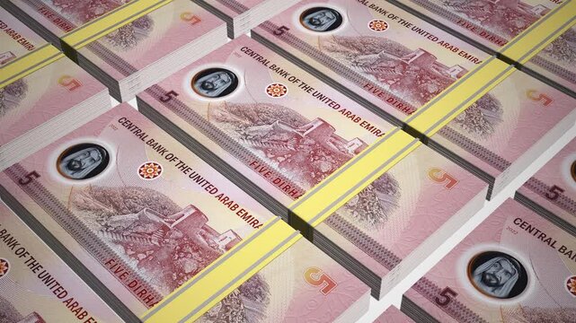 Stacks of new 5 AED or Five United Arab Emirates Dirham Polymer banknotes or currency. Neat Rows of UAE 5 Dirham Bank note in 3D Motion. 4k Animation.