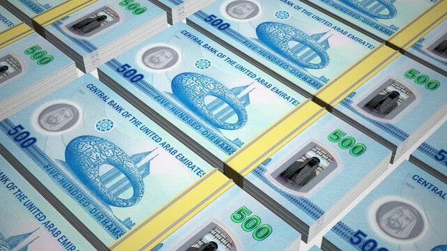 Stacks of new 500 AED or Five Hundred United Arab Emirates Dirham Polymer banknotes or currency. Neat Rows of UAE 500 Dirham Bank note in 3D Motion. 4k Animation.
