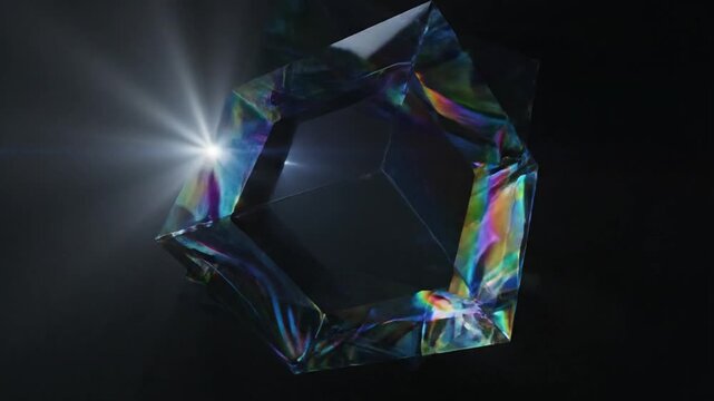 Abstract 3D iridescent geometric cube with holographic glass surfaces refracting vibrant light and spectrum colors, rotating against a dark background with sharp edges and glowing reflections.