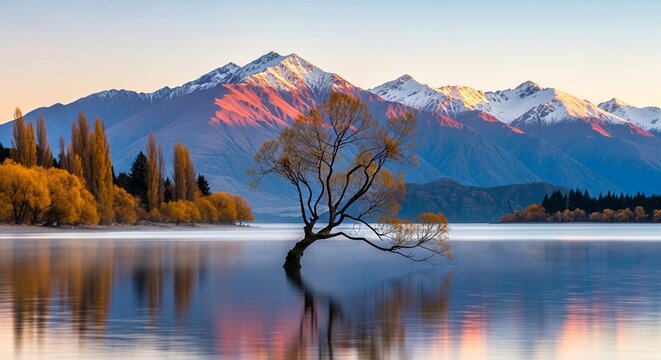 Solitary willow tree stands elegantly in the calm waters of lake wanaka with majestic snow capped mountain peaks glowing under the soft golden morning light