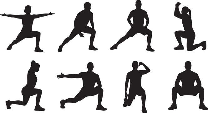 Dynamic fitness silhouettes illustrating various warm up exercises and stretching poses for health and wellness training routines