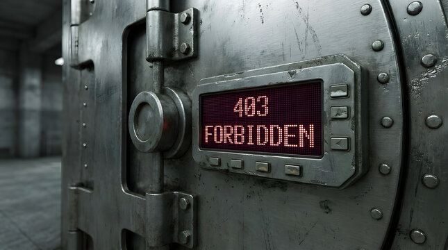 A close-up view of a large metal vault door with a digital display screen showing 403 Forbidden in a dimly lit room or bunker.