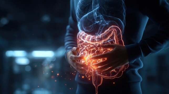 Inflammatory Bowel Disease Awareness Concept with Human Digestive System Illustration, Chronic Gastrointestinal Inflammation, Crohn&rsquo;s Disease and Ulcerative Colitis Medical Healthcare Background