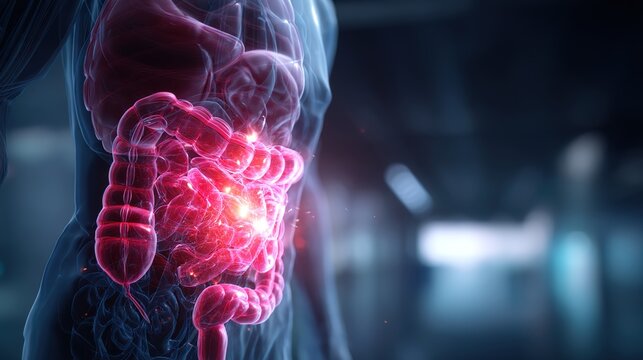 Inflammatory Bowel Disease Awareness Concept with Human Digestive System Illustration, Chronic Gastrointestinal Inflammation, Crohn&rsquo;s Disease and Ulcerative Colitis Medical Healthcare Background