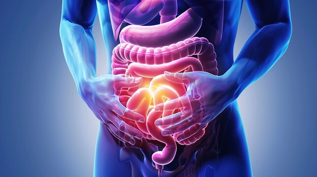 Inflammatory Bowel Disease Awareness Concept with Human Digestive System Illustration, Chronic Gastrointestinal Inflammation, Crohn&rsquo;s Disease and Ulcerative Colitis Medical Healthcare Background