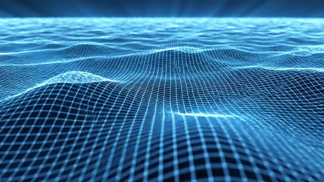 Abstract Blue Digital Ocean Grid Waves Flowing Futuristic Technology Background.