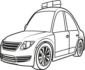 Cute Chibi Police Car with Red White and Blue Siren Lights – Cartoon Law Enforcement Vehicle Vector Illustration Coloring Book Version © Dream Project