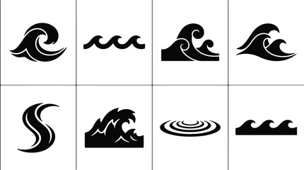 Set of 8 Black Wave Icons, Ocean Water Symbols, Sea Swirl Graphics, Nautical Design Elements, Marine Vector Art for Aquatic Themes © Anwar