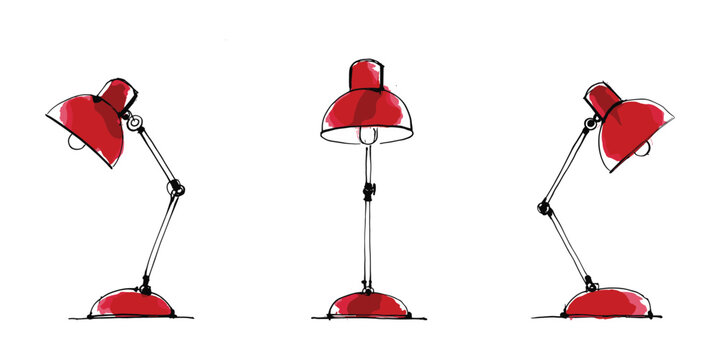 Three red desk lamps in varied positions illustrated in watercolor style.