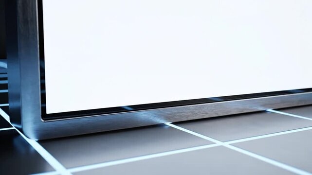 Blank screen with metallic frame on glowing grid surface