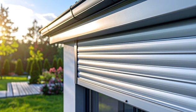A close-up of a house's exterior shutter and gutter system