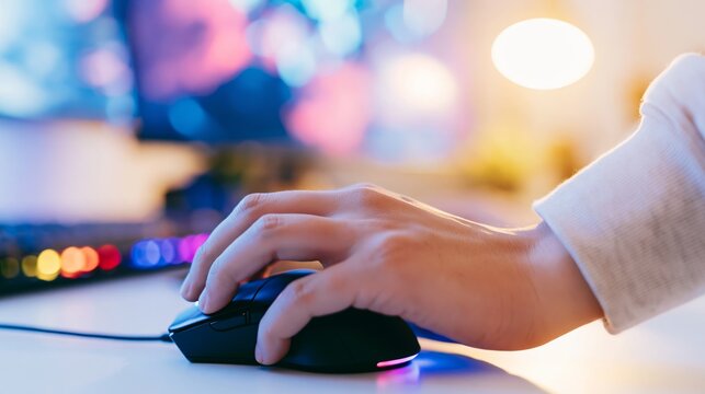 Gamer hand using a high tech computer mouse with RGB lighting on a glowing desk setup for an intense online gaming session