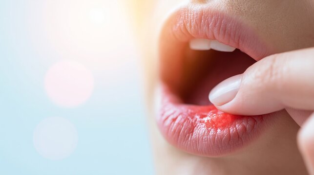 Person pulling down lower lip, revealing a painful canker sore. Highlighting oral health issues, discomfort, and treatment need