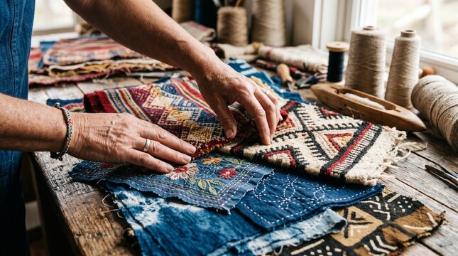 Artisan's hands engaging with a vibrant assortment of hand-dyed, woven, and embroidered fabric swatches laid out on a weathered wooden surface, reflecting a passion for textile art and design