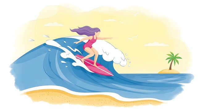 Female surfer riding large ocean wave near sandy beach