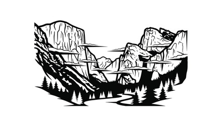 Obraz premium Mountain landscape with trees and cliffs.