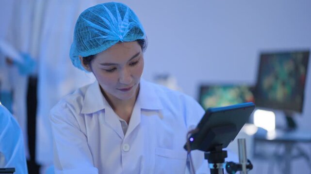 Dedicated professional in protective gear studies complex parameters within an advanced blue environment during a demanding expert evaluation.