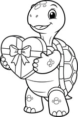 Fototapeta premium Cute Cartoon Turtle Holding Heart Gift Box, Smiling Baby Tortoise Character Line Art Illustration for Kids Coloring Book, Valentine, Love, Birthday and Friendship Concept 