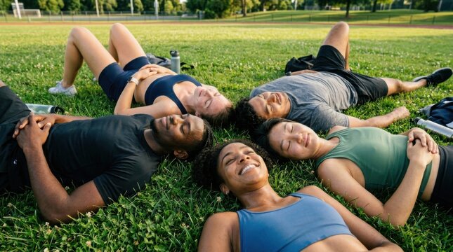 Diverse group of friends relaxing on green grass after outdoor fitness workout in sunny park
