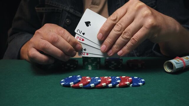 Hands reveal playing cards four of a kind in a poker game, displaying a winning hand with poker chips stacked on a green table, creating an engaging atmosphere in a dimly lit environment