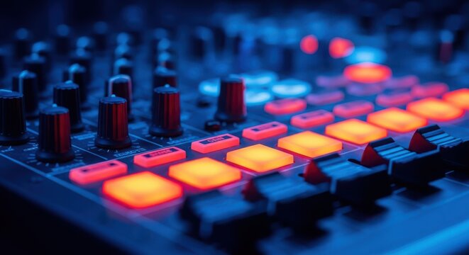 Closeup of a professional audio mixing console with glowing orange buttons and knobs in a dark studio environment, music production equipment