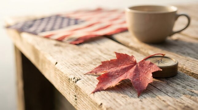 Autumn leaf on wooden dock with coffee cup perfect for Canada Day