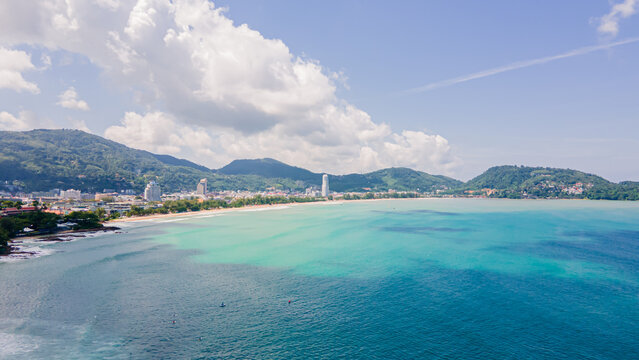 Phuket, Thailand Amazing aerial view rone camera of Tropical sandy beach of Patong Beach and  skyline.