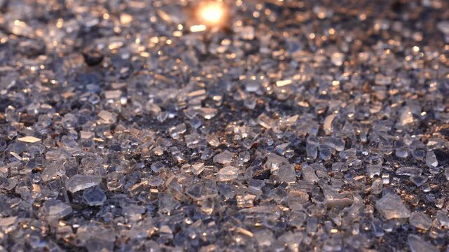 Close up of shattered glass fragments scattered on the ground reflecting warm sunlight. Concept accident, damage, safety, hazard, crime scene, security, insurance and abstract texture background.