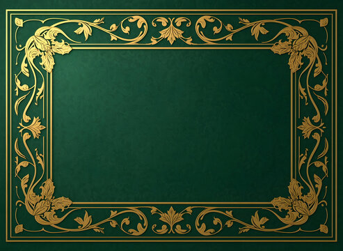 Luxury gold ornamental frame border on textured dark green background